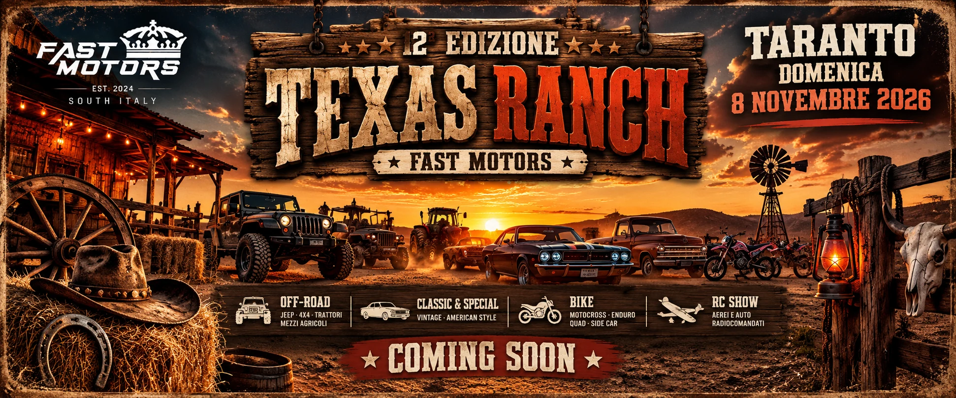 Fast Motors, 12ª edizione Texas Ranch. Domenica 8 novembre 2026, Taranto. Coming soon.